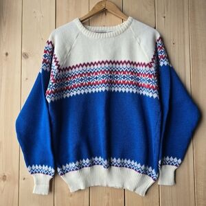 Vintage Lumiere Fair Isle Nordic Patterned Acrylic Crewneck Cream Blue Womens XL